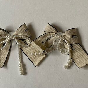 Miu Miu Cream Bow Hair Clips with Pearl Strands